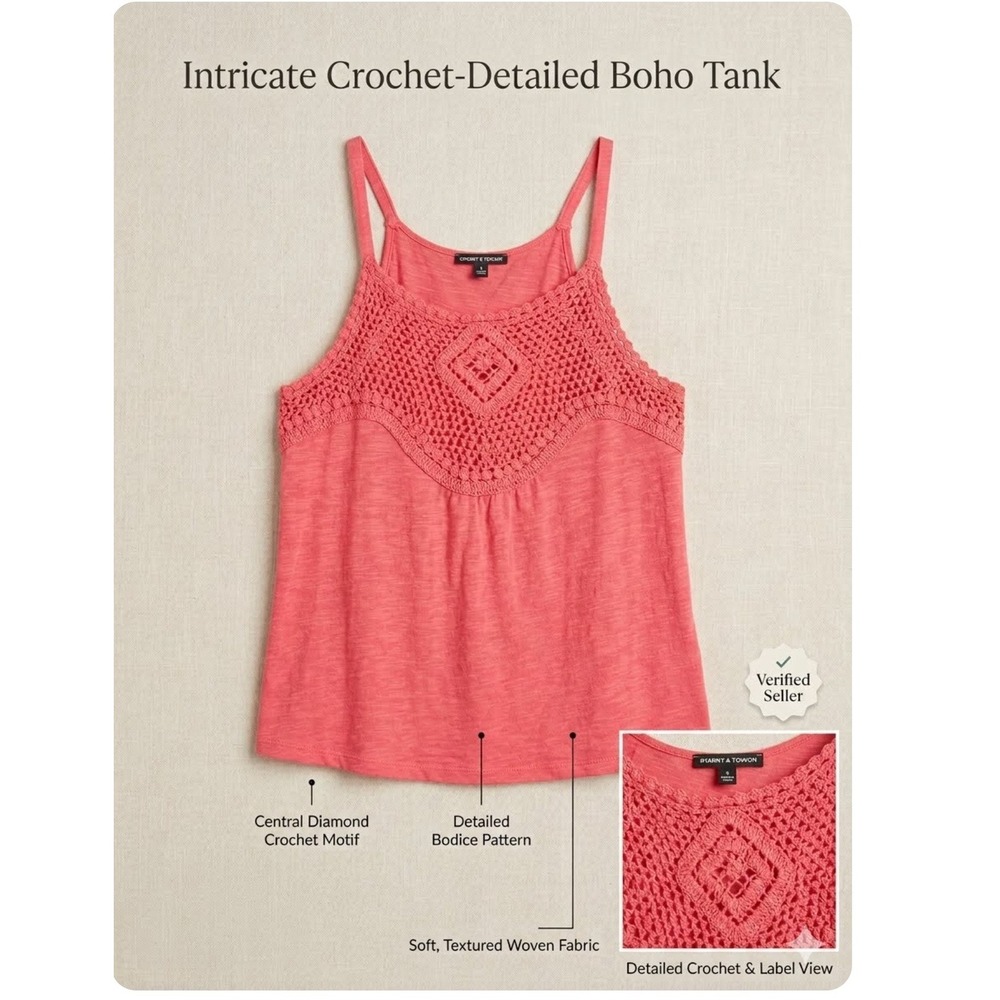 Cable & Gauge Coral Pink Crochet Detail Boho Tank Top Slub Knit Sleeveless Large